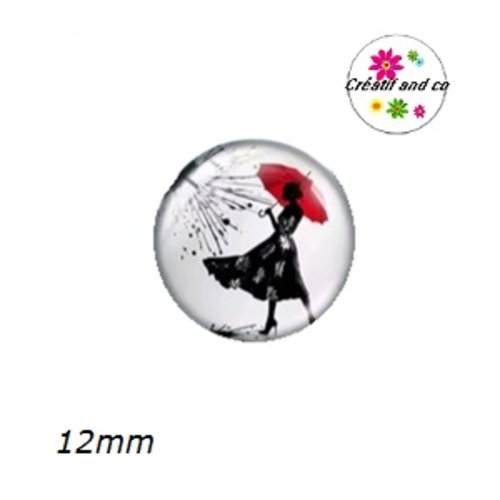 X2 cabochons femme et son parapluie rouge 12mm