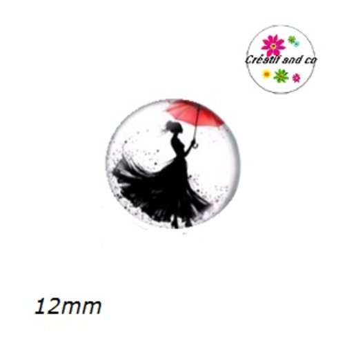 X2 cabochons femme et son parapluie rouge 12mm