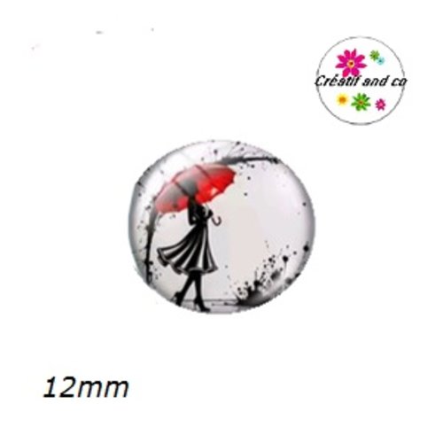 X2 cabochons femme et son parapluie rouge 12mm