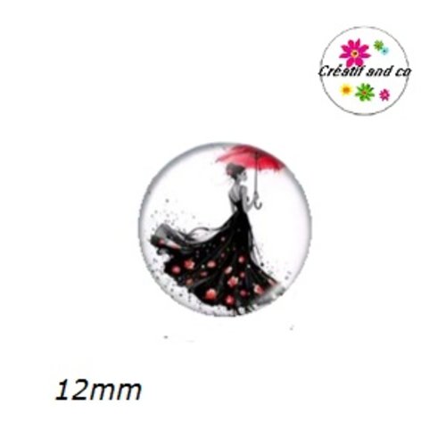X2 cabochons femme et son parapluie rouge 12mm
