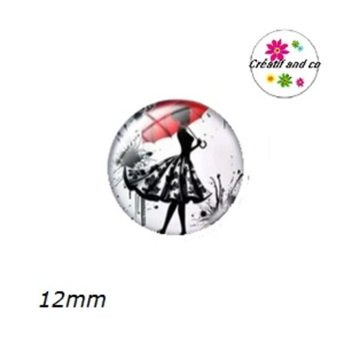 X2 cabochons femme et son parapluie rouge 12mm