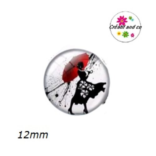 X2 cabochons femme et son parapluie rouge 12mm