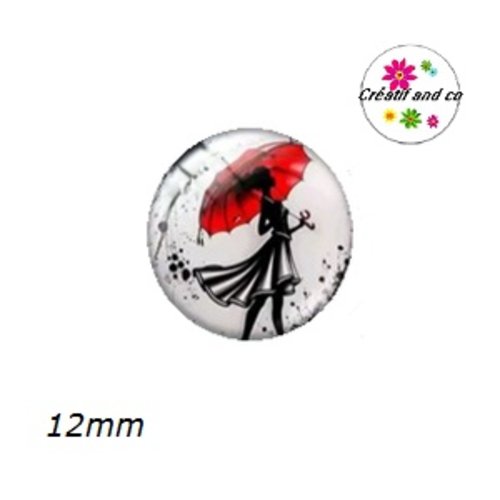 X2 cabochons femme et son parapluie rouge 12mm