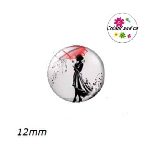 X2 cabochons femme et son parapluie rouge 12mm