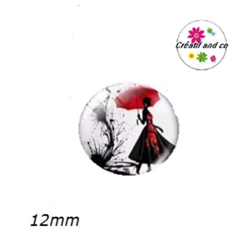 X2 cabochons femme et son parapluie rouge 12mm