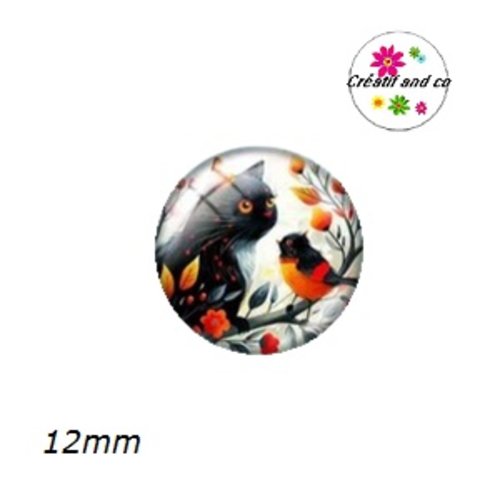X2 cabochons duo chat et oiseau 12mm