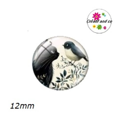 X2 cabochons duo chat et oiseau 12mm