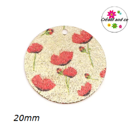Pendentif rond émaillé motif fleur rouge 20mm