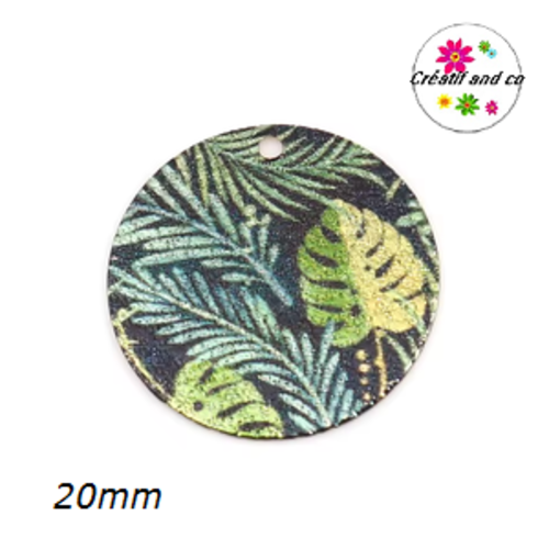 Pendentif rond émaillé feuille tropicale 20mm