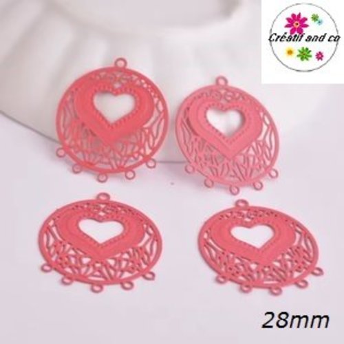 Connecteur estampe cercle motif coeur rouge 28mm