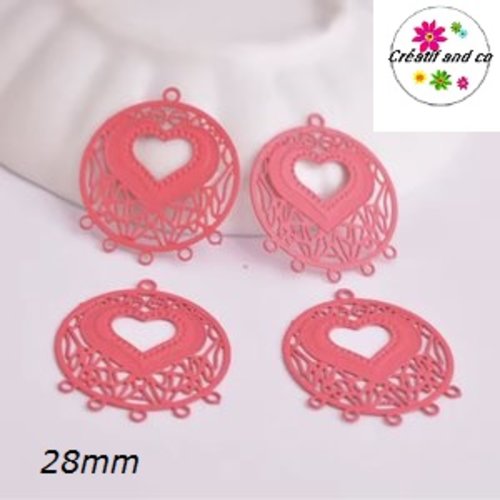 Connecteur estampe cercle motif coeur rouge 28mm