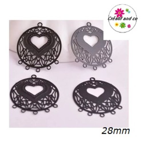 Connecteur estampe cercle motif coeur noir 28mm