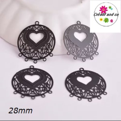 Connecteur estampe cercle motif coeur noir 28mm
