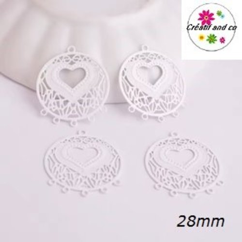 Connecteur estampe cercle motif coeur blanc 28mm