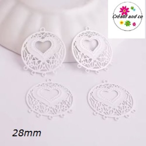 Connecteur estampe cercle motif coeur blanc 28mm