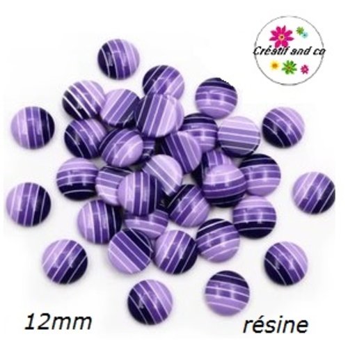 X2 cabochons rayés violets/mauves et parmes résine 12mm