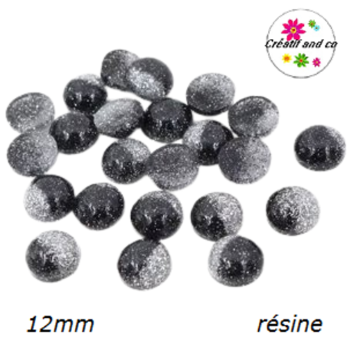 X2 cabochons paillettes bi-couleur noir et argent résine 12mm