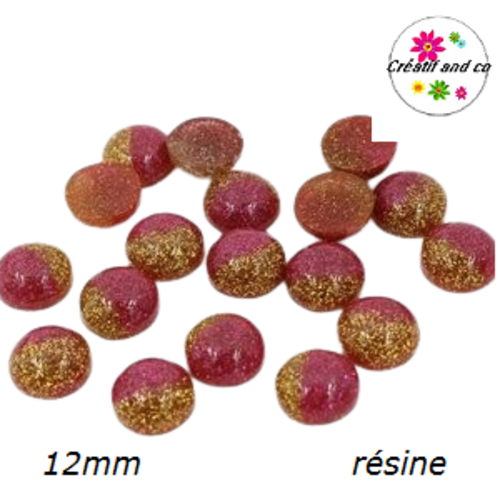 X2 cabochons paillettes bi-couleur fuschia et doré résine 12mm