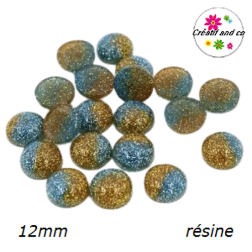 X2 cabochons paillettes bi-couleur turquoise et doré résine 12mm