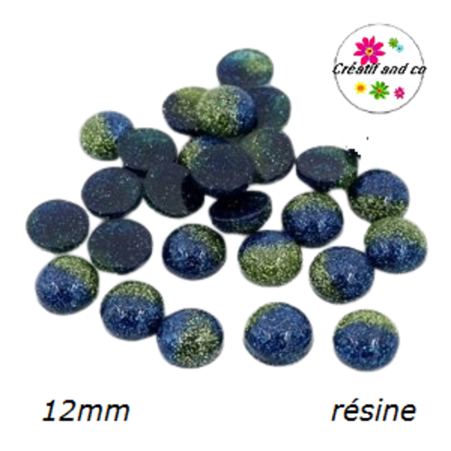 X2 cabochons paillettes bi-couleur bleu roi et vert résine 12mm