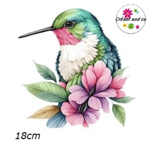 Transfert thermocollant colibri et fleur 18cm