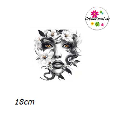 Transfert thermocollant visage femme, fleur et serpent 18cm