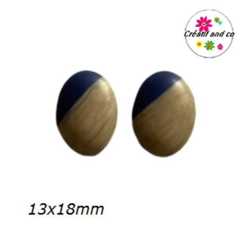 X2 cabochons ovales bleu marine-grain de bois givré 13x18mm
