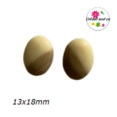 X2 cabochons ovales beiges-grain de bois givré 13x18mm