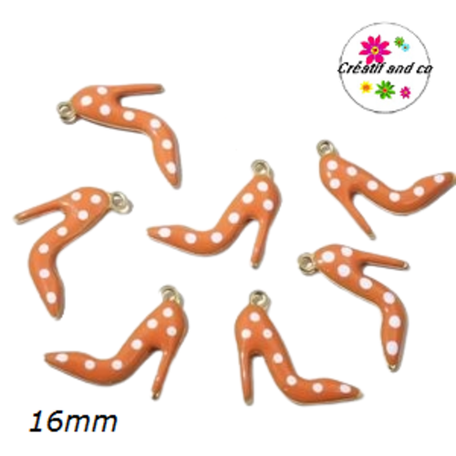 Breloque escarpin talon haut orange pois blanc émail 16mm