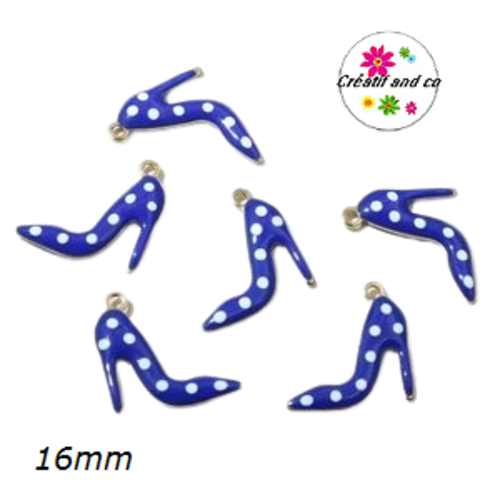 Breloque escarpin talon haut bleu roi pois blanc émail 16mm