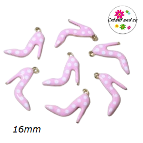 Breloque escarpin talon haut rose pois blanc émail 16mm