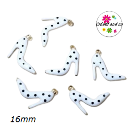Breloque escarpin talon haut blanc pois noir émail 16mm