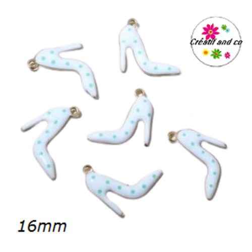 Breloque escarpin talon haut blanc pois bleu émail 16mm
