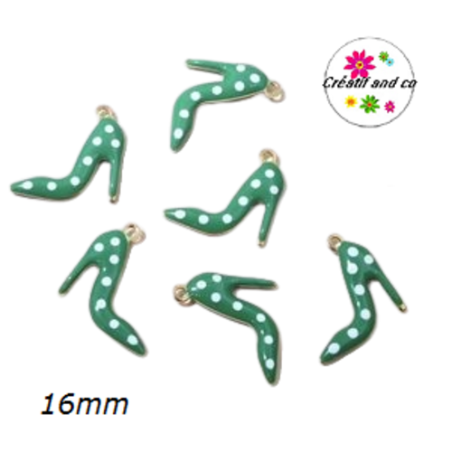 Breloque escarpin talon haut vert foncé pois blanc émail 16mm