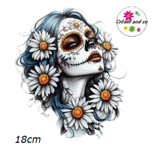 Transfert thermocollant femme gothique et fleurs 18cm