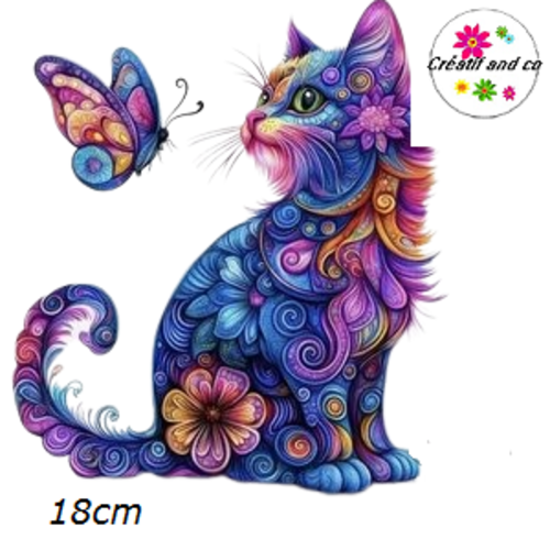 Transfert thermocollant chat et papillon colorés 18cm