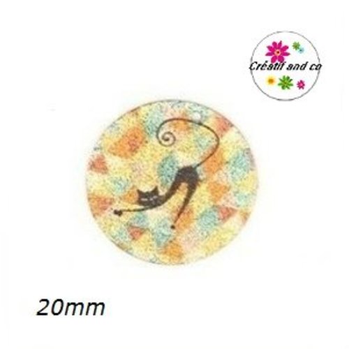 Pendentif rond émaillé à motif et chat noir 20mm