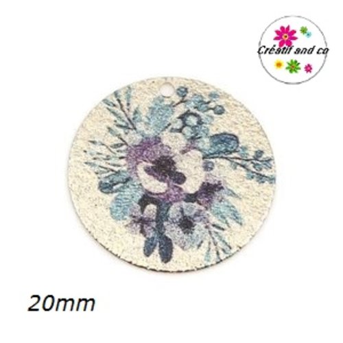 Pendentif rond émaillé motif fleur 20mm