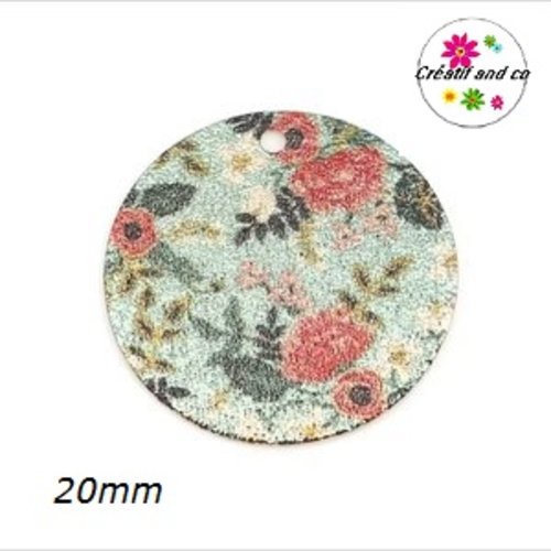 Pendentif rond émaillé fond vert motif fleur 20mm