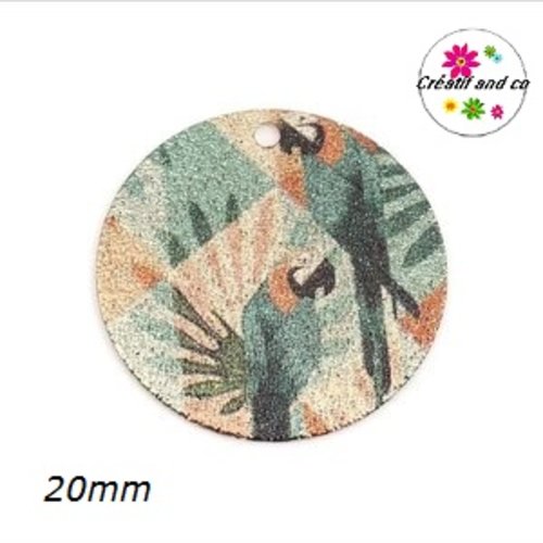 Pendentif rond émaillé motif duo de perroquet et feuille tropicale  20mm