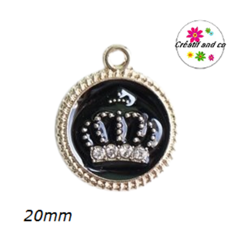 Breloque médaillon noir couronne dorée et strass central 20mm