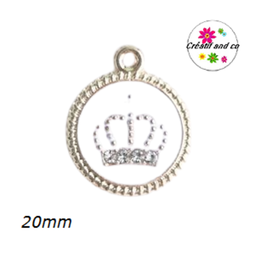 Breloque médaillon blanc couronne dorée et strass central 20mm