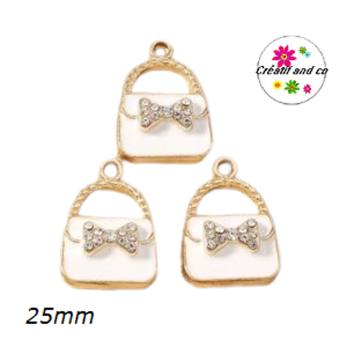 Breloque sac à main blanc et noeud strassé 25mm