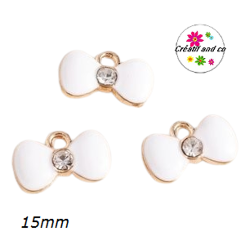 Breloque noeud blanc coeur strass 15mm