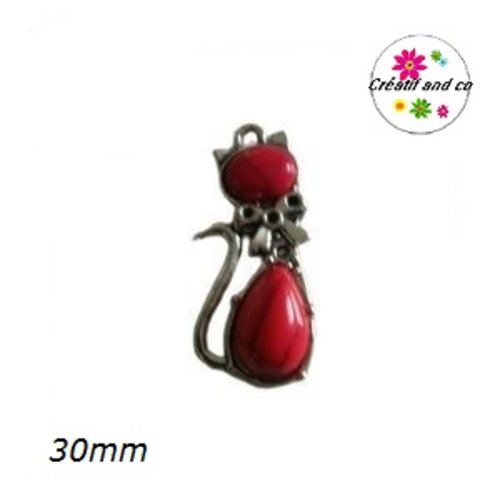 Breloque/pendentif chat métal et cabochon rouge 30mm