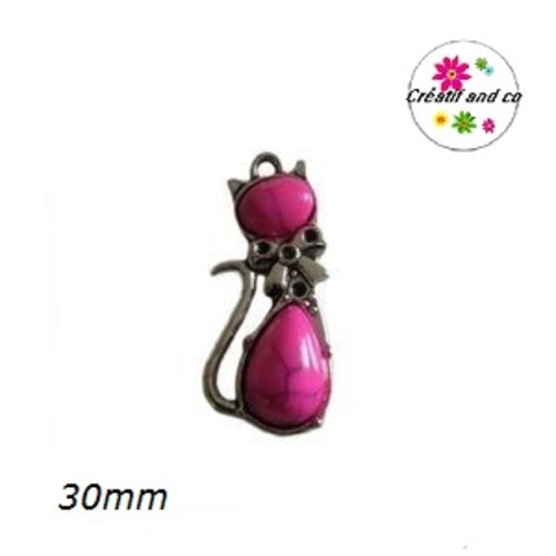 Breloque/pendentif chat métal et cabochon fuschia 30mm