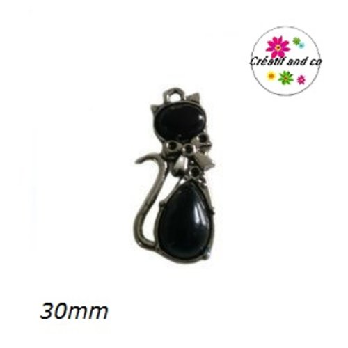 Breloque/pendentif chat métal et cabochon noir 30mm