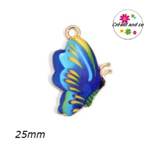 Breloque papillon doré et émail ton bleu  25mm