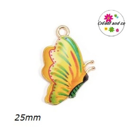 Breloque papillon doré et émail ton jaune 25mm