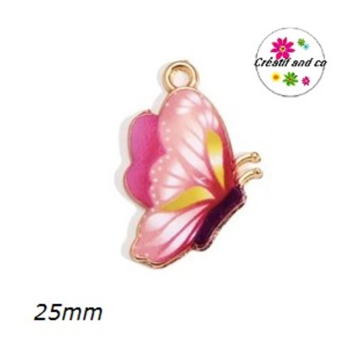 Breloque papillon doré et émail ton rose 25mm